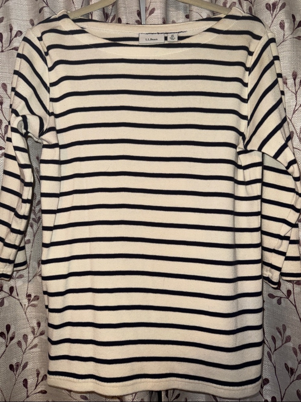 Women’s L.L.Bean Cream and Navy Striped Boatneck 3/4 Length Top